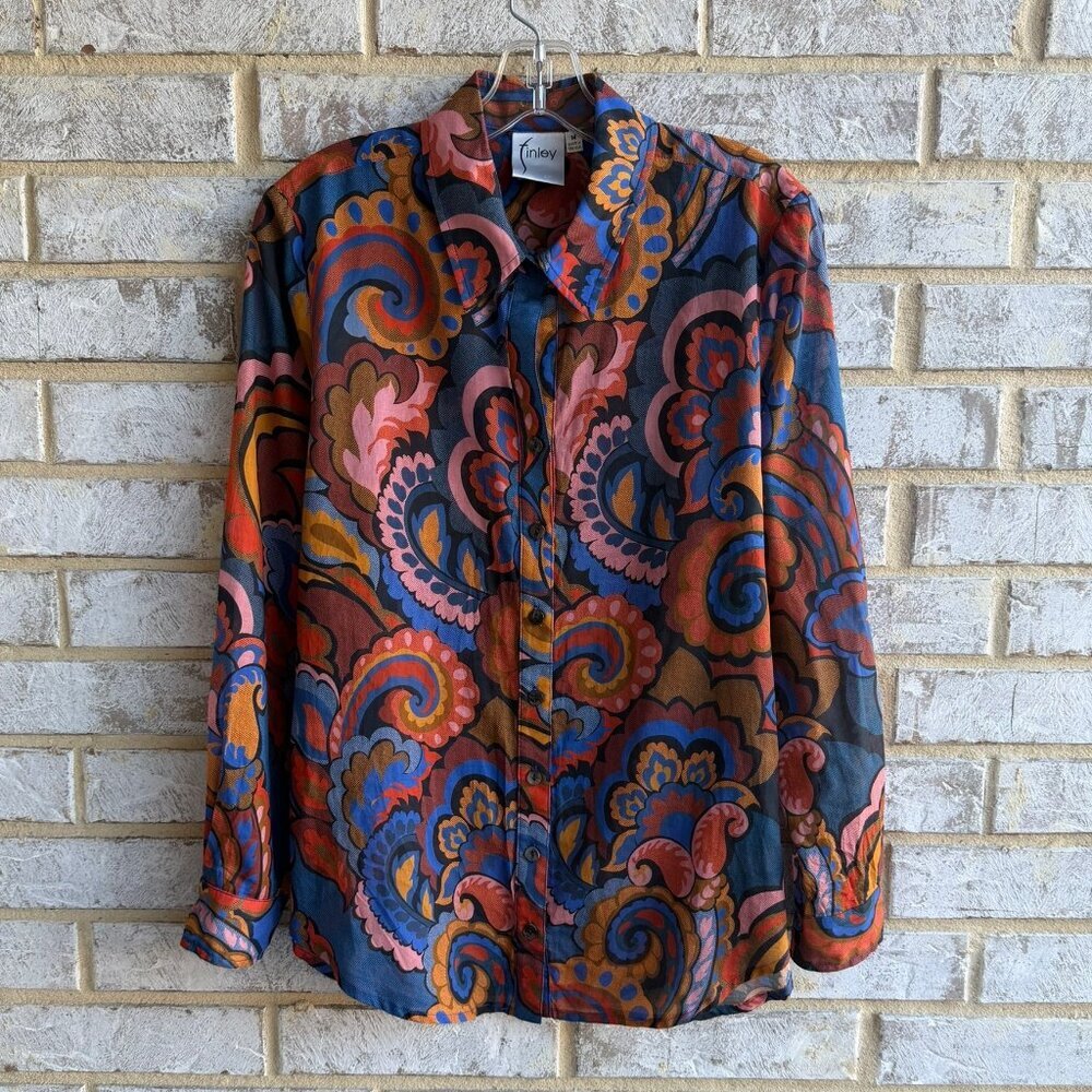 Finley Long Sleeve Button Front Paisley Cotton Sheer Shirt  Size M Made in USA.